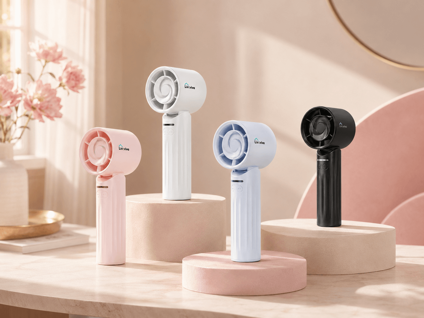 Four Livaviva handheld fans in pink, white, blue, and black displayed on round pedestals.