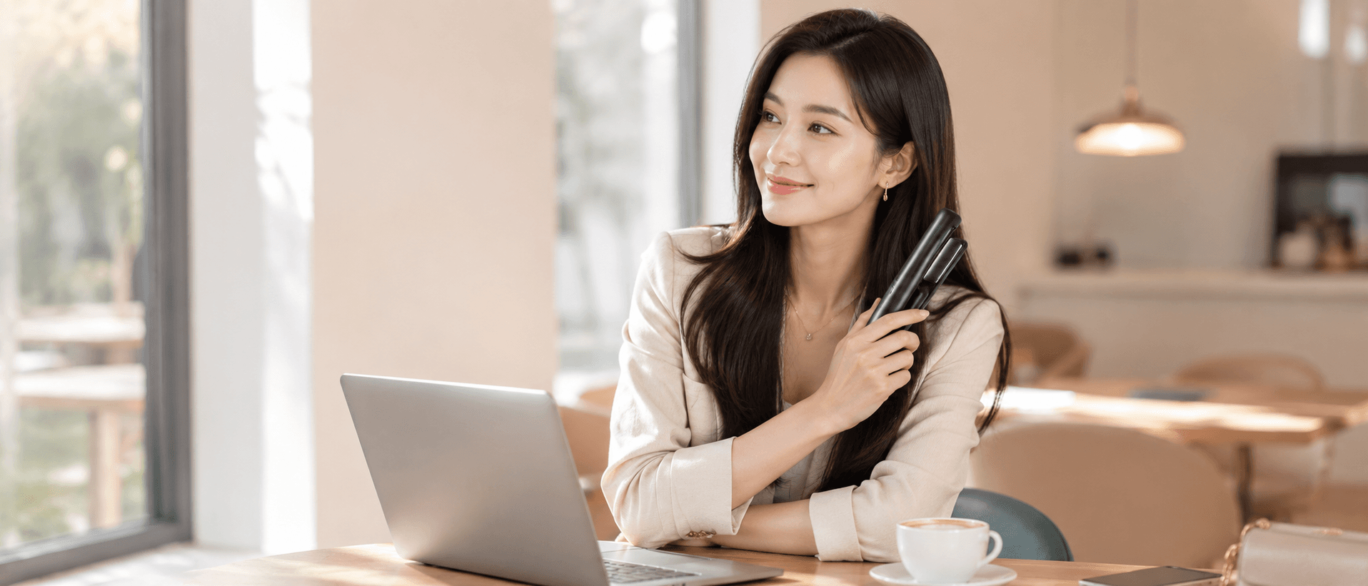 Smiling woman at a cafe table with a laptop, holding a sleek black hair straightener.