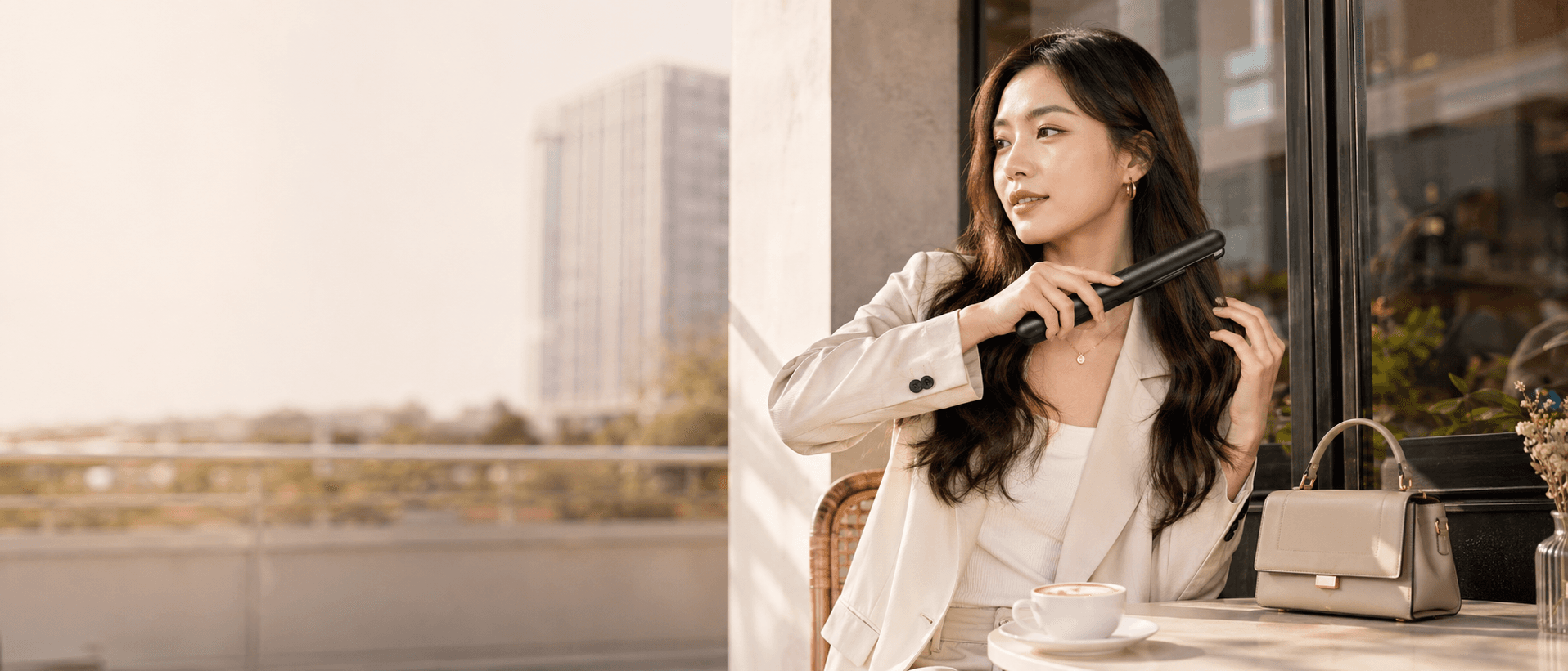 Woman using a cordless hair straightener while sitting at a sunny outdoor cafe table.
