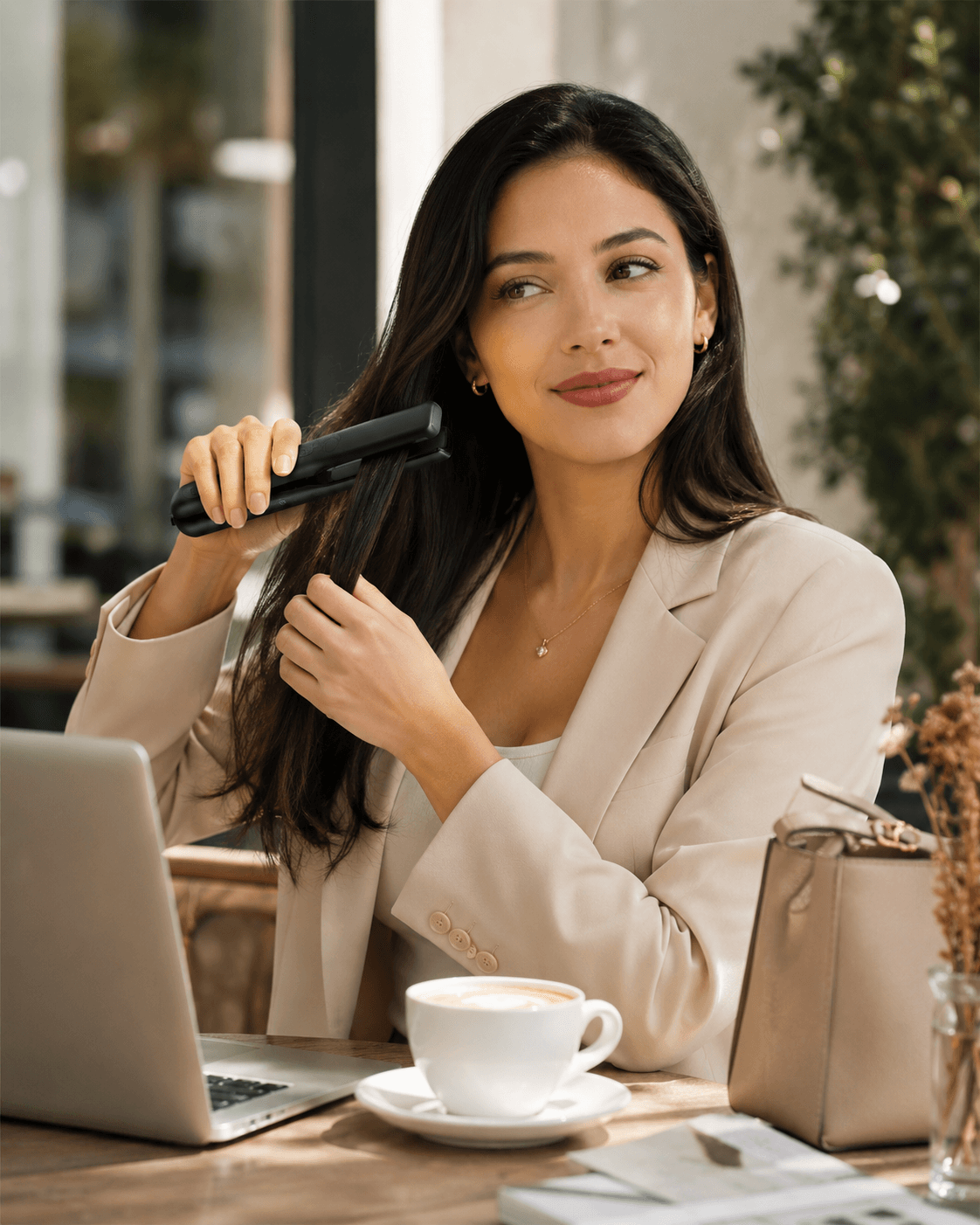 Woman in beige blazer using a portable black hair straightener at an outdoor cafe table.
