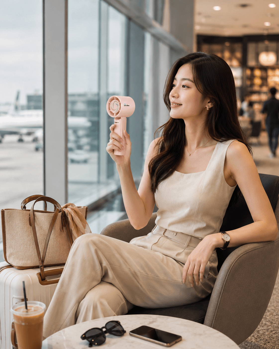 Woman in beige sitting in an airport lounge, holding a small pink portable handheld fan.